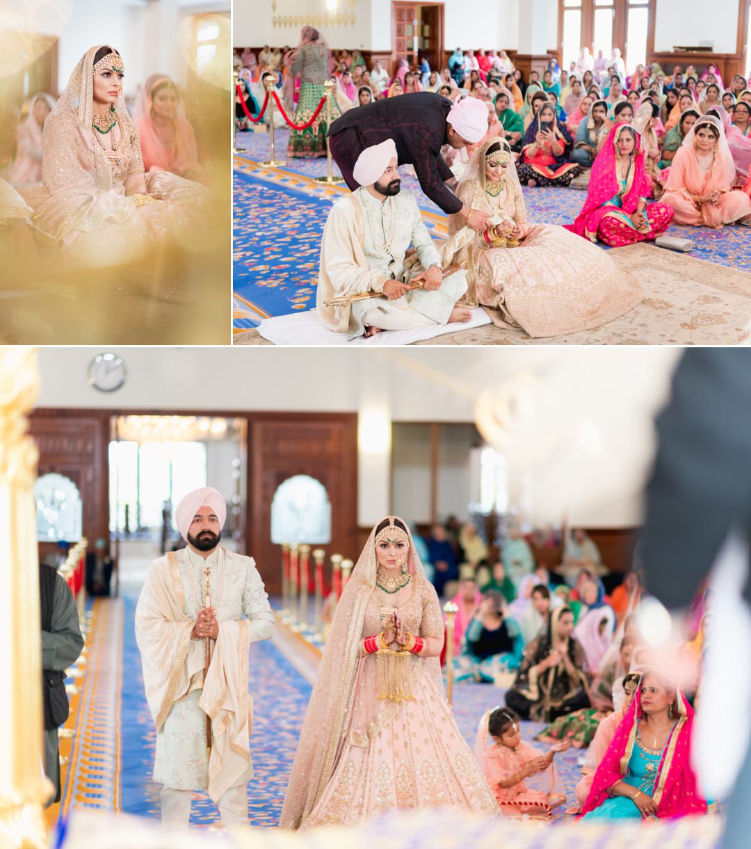 The bride's father hands over the groom's palla during the Sikh wedding 