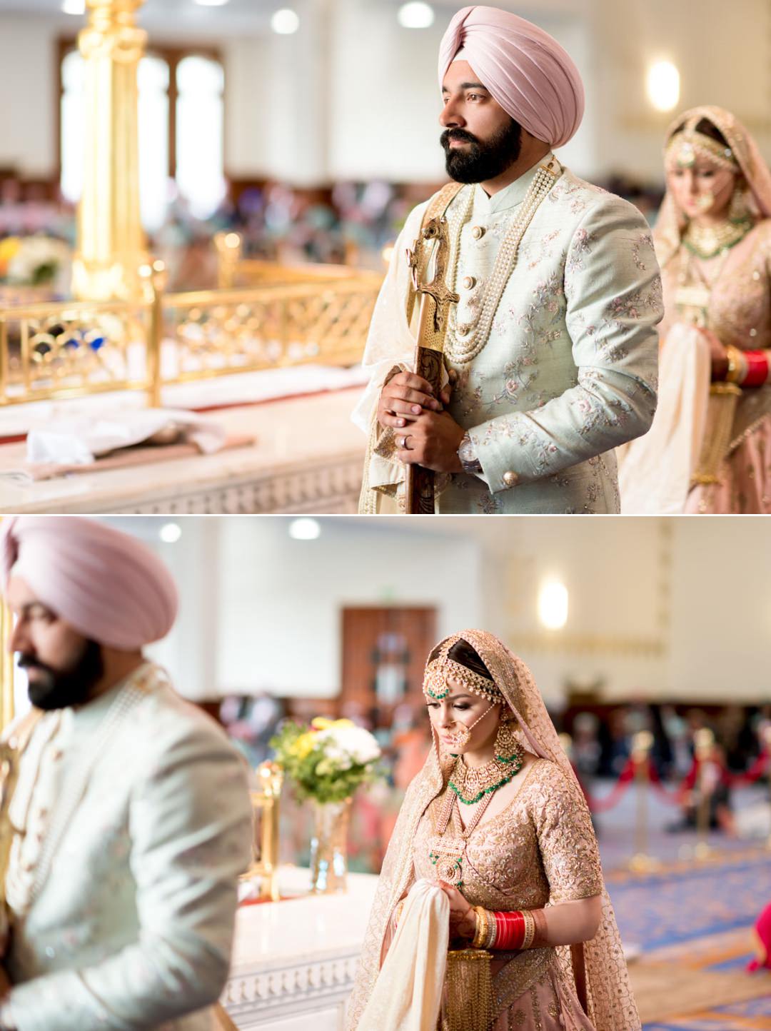 The Sikh wedding couple begin walking around the holy book