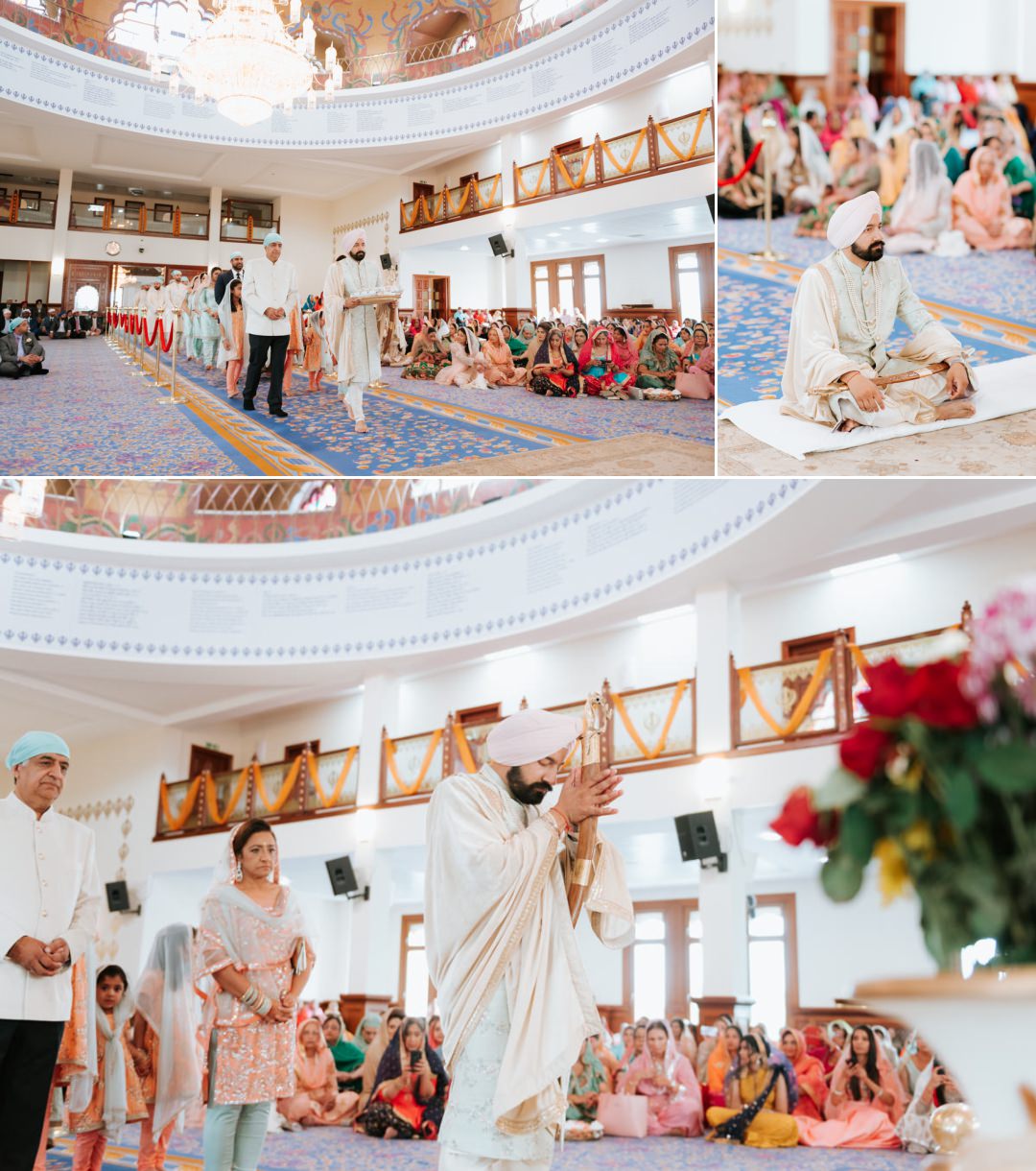 Sikh groom entering the main hall at Gravesend Gurdwara