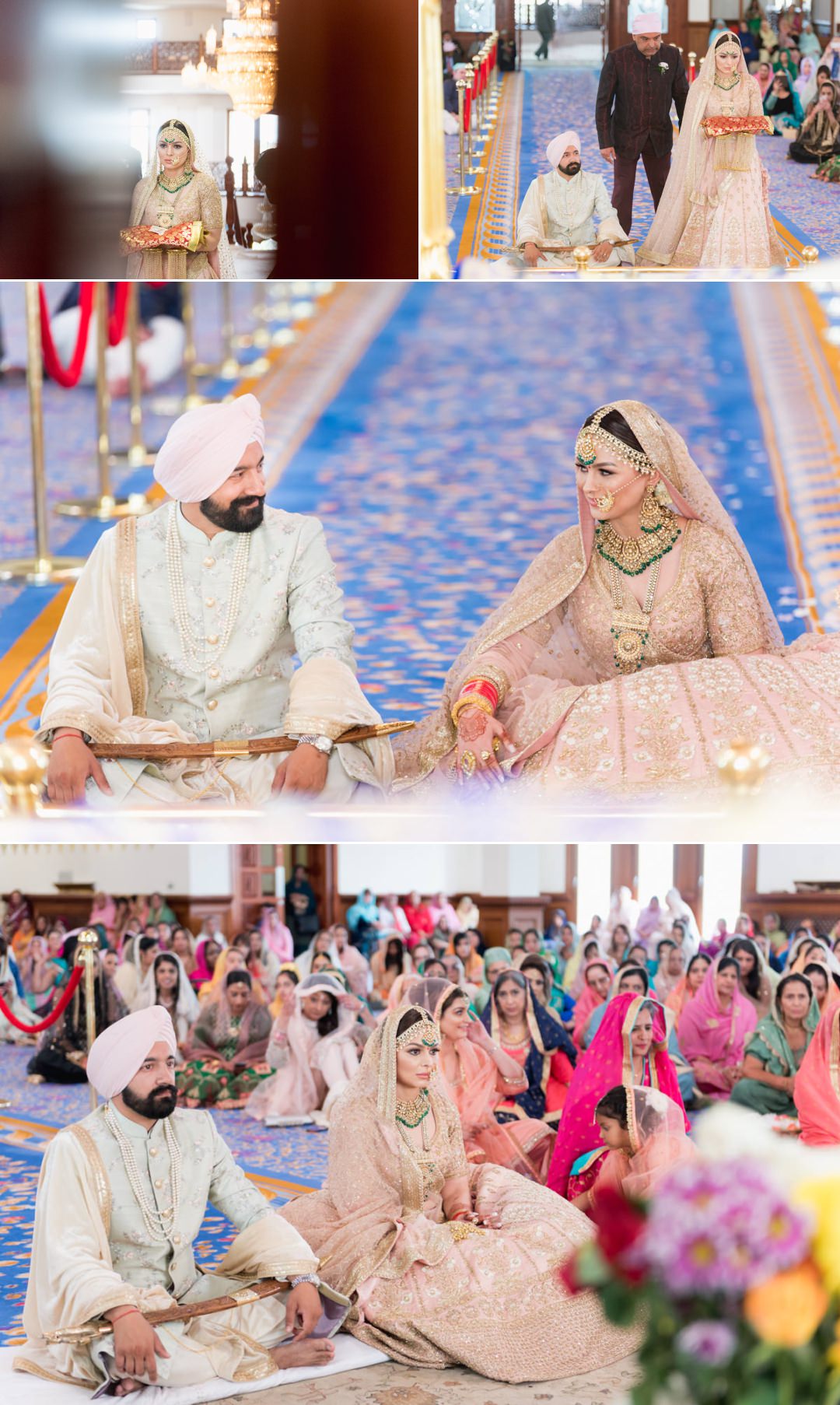 Sikh bride entering the main hall of Gravesend Gurdwara. The couple share a fleeting smile. 