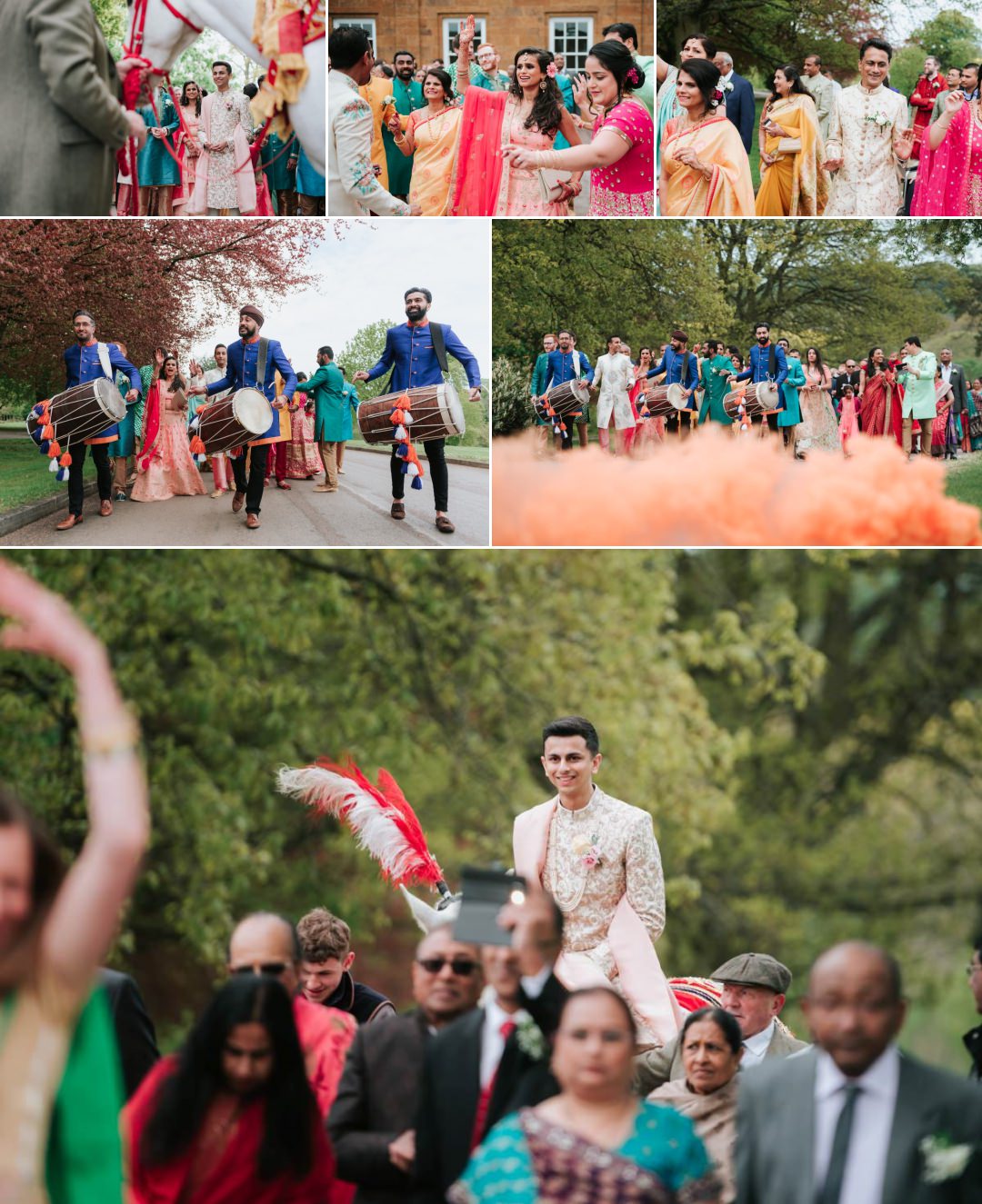 The groom's procession on a white horse. Also with dhol players and smoke flares.