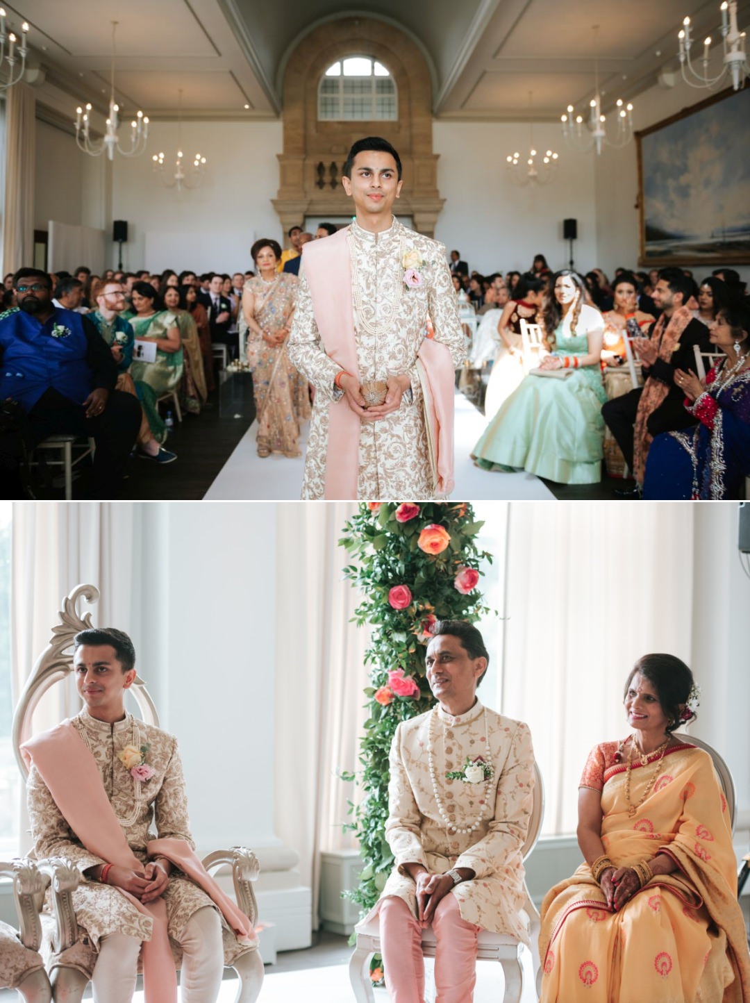 Groom walking down the aisle and on the mandap with his parents