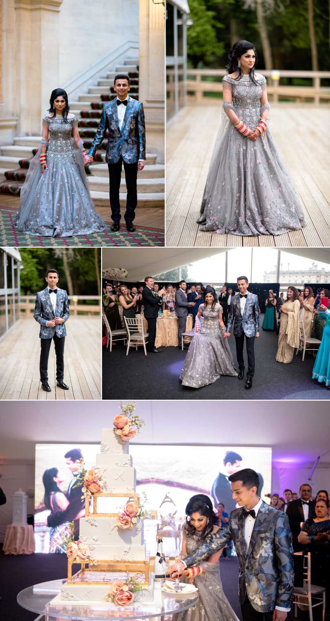 Reception outfits at Hethrop Park and the couples entrance to the marquee, plus the cake cutting.