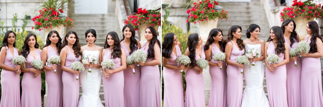 Posed group shot versus natural group shot of bridesmaids