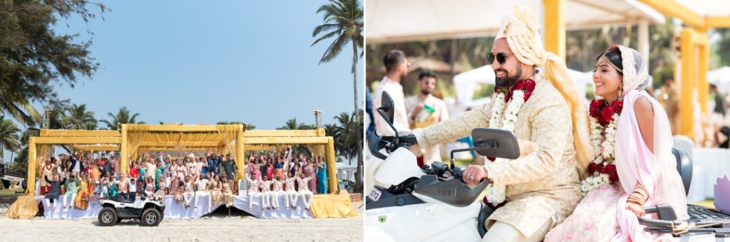 bride and groom leaving the wedding on a quad bike 