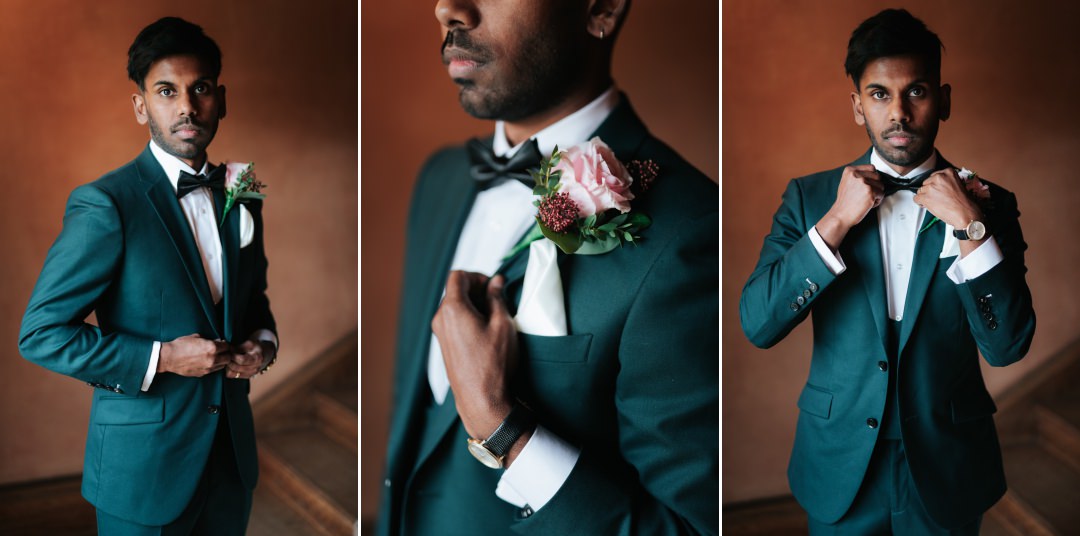 Asian groom in green suit