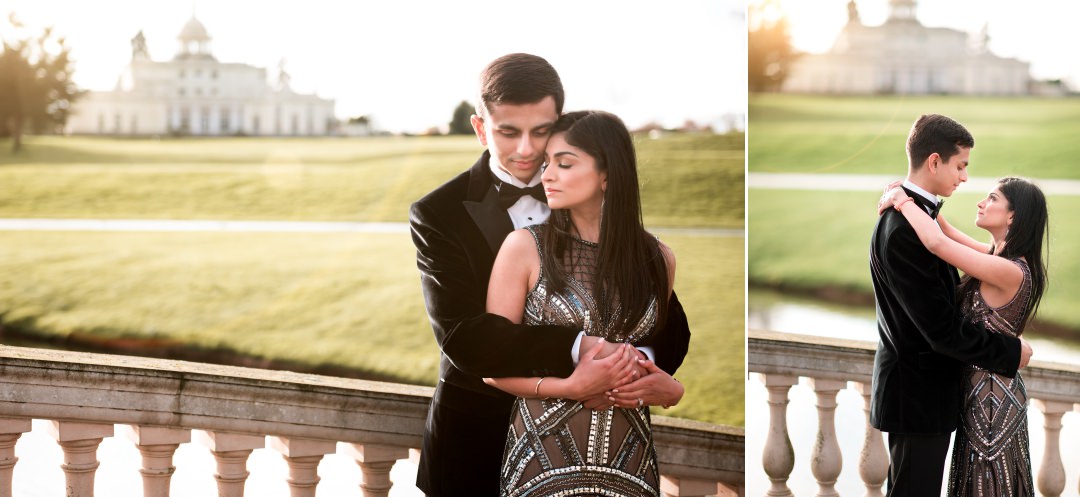 Formal attire at beautiful Stoke Park prewedding