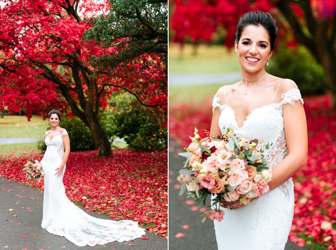bride next to red tree