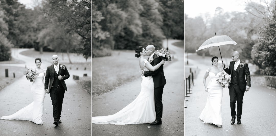 rain black and white couple photos after wedding