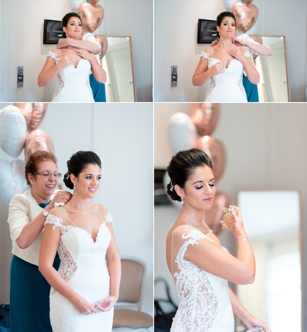 mother of bride helping get her daughter get ready