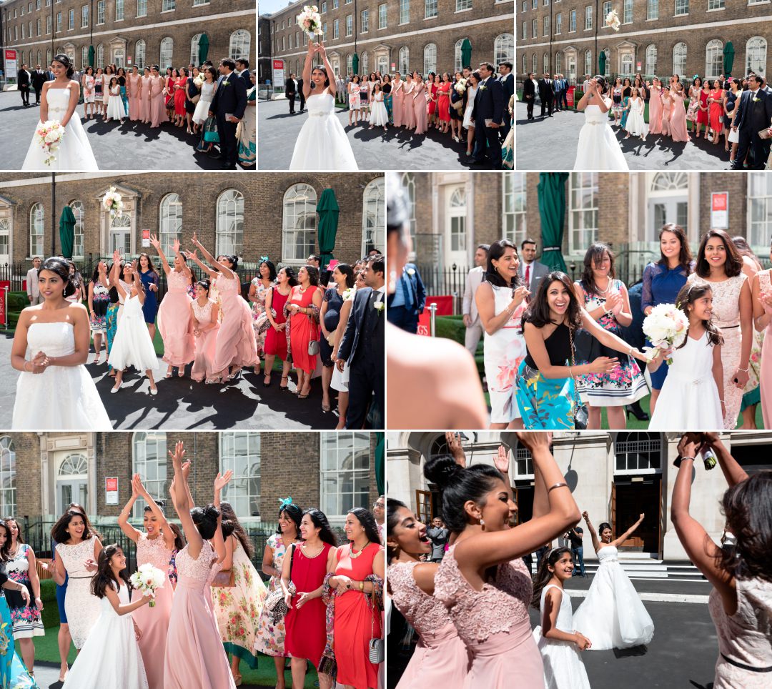 throwing the bouquet at London wedding