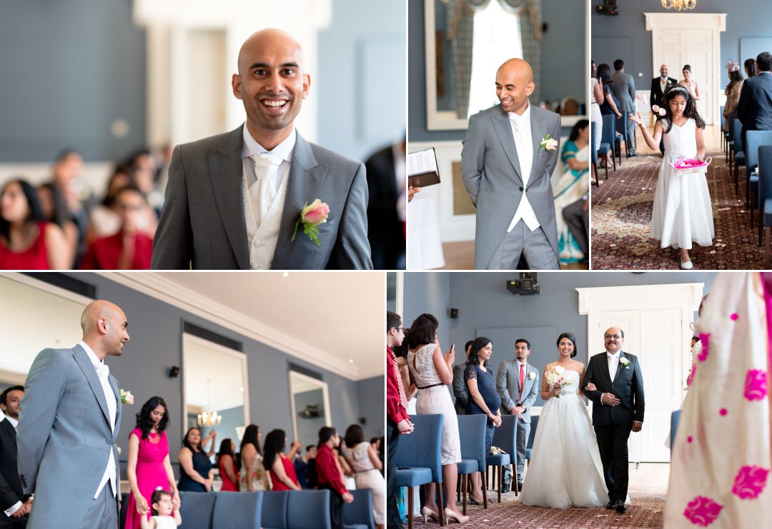 Groom waiting for his bride, flower girl and bride's entrance at King's College London Wedding 