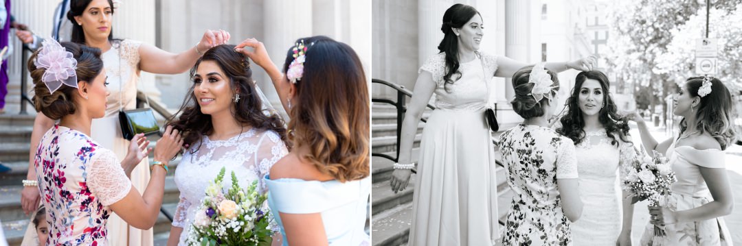 bride removing confetti from bride hair 