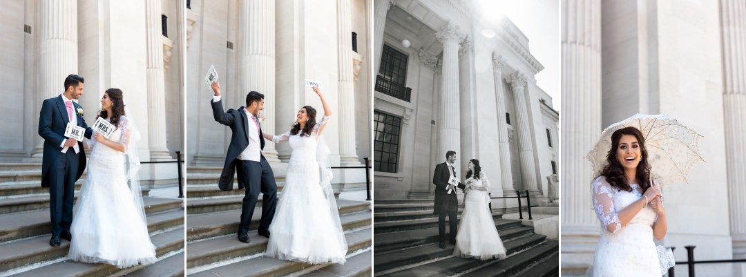couple photos very excited outside Old Marylebone Town Hall Asian wedding