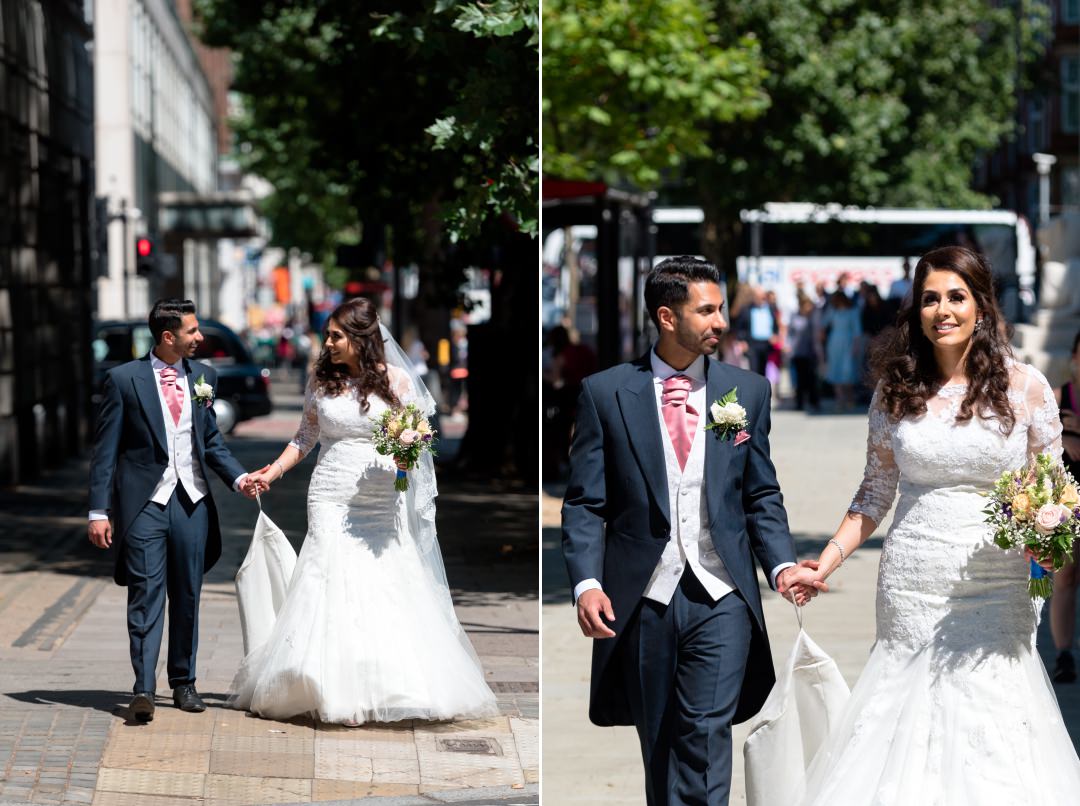 newly married couple walking through London 