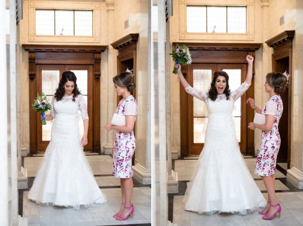 excited bride at Old Marylebone Town Hall Asian Wedding 