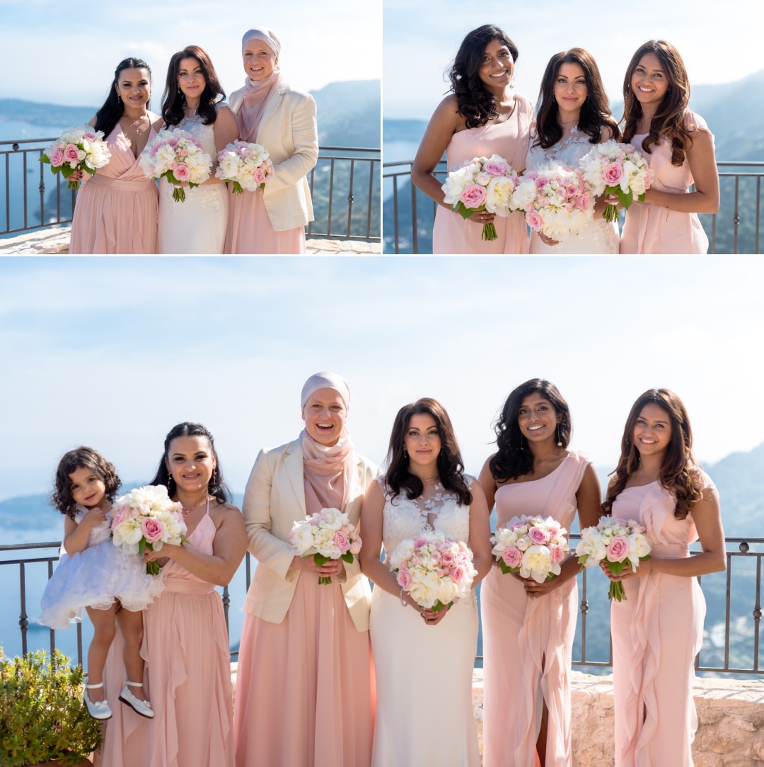 bride and bridal party on terrace at Chateau Eza wedding 