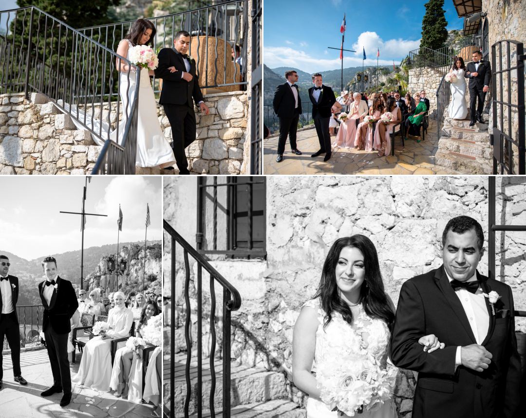 bride entering her wedding at Chateau Eza in Eze