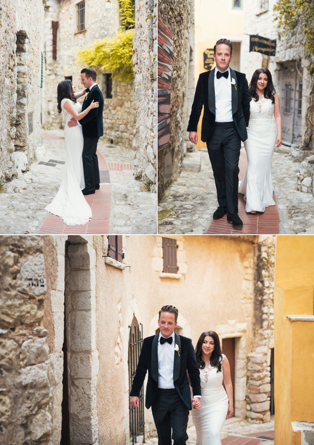 newly wedded couple walking through Eze, Nice 