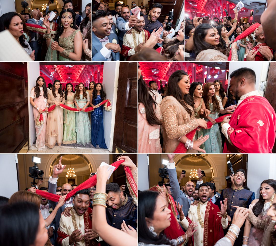 groom paying brides friends and cousins at Grand Connaught Asian Wedding