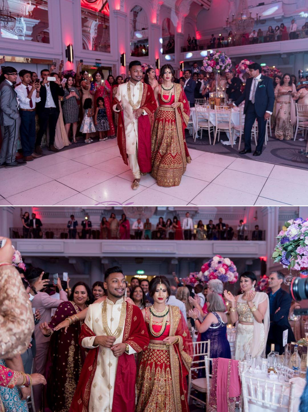 couples entrance to Asian wedding reception at Grand Connaught rooms De Vere 