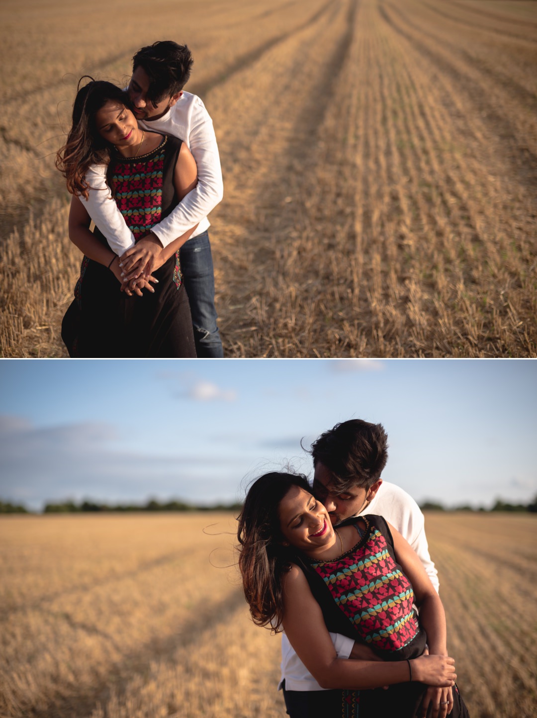 fun loving couple shoot in wheat field 