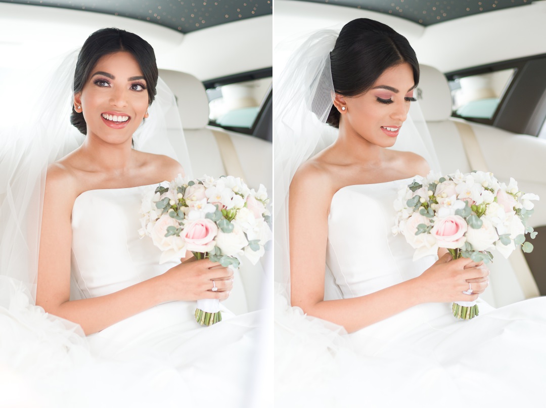 bride arriving at church in her car