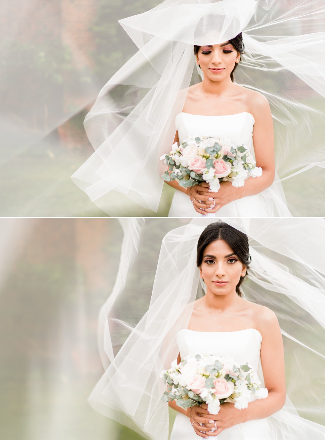 veil flowing in air on bride at St Andrew's Church Wedding 