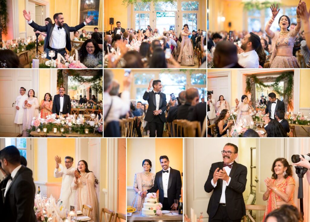 Couple's entrance to their evening wedding breakfast, as well as everyone cheering