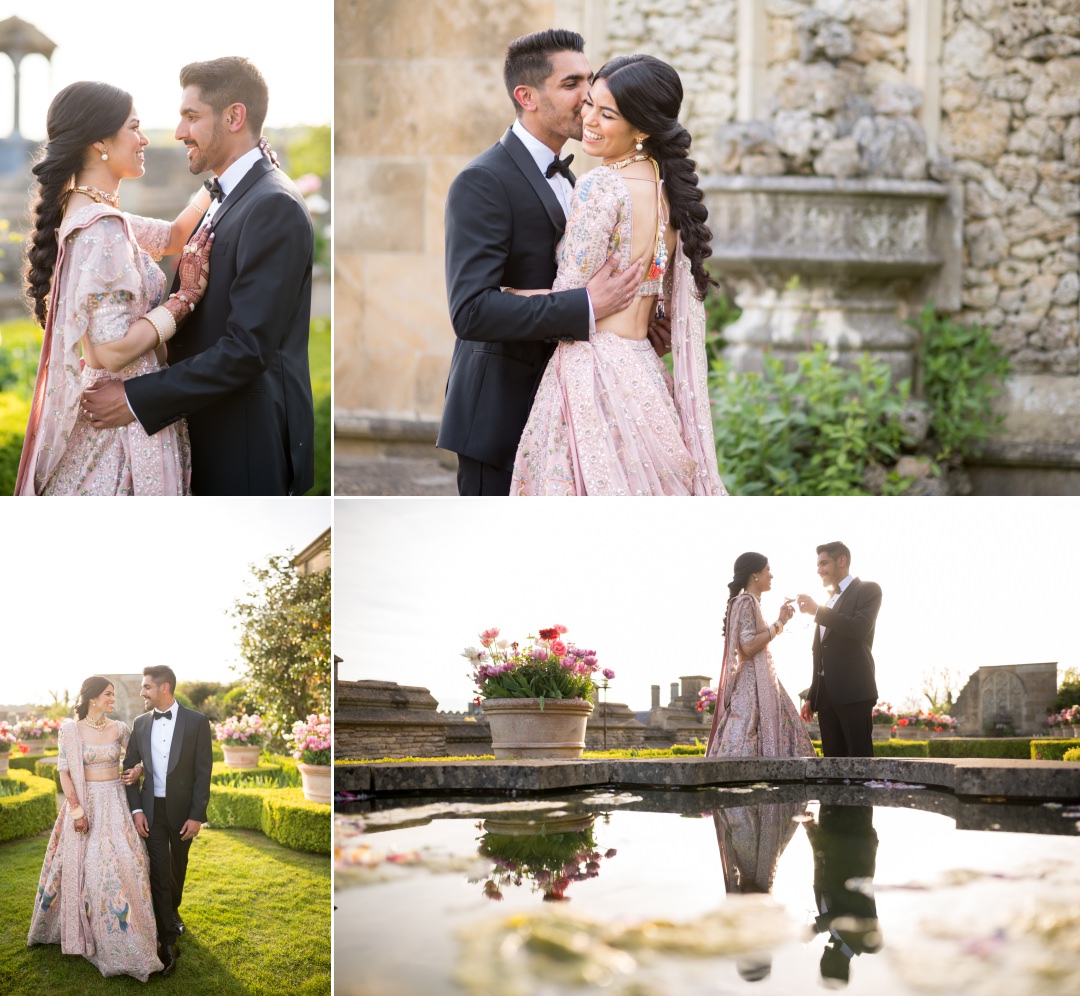 Tuxedo groom and Indian wedding dress for bride shots, as well as beautiful light